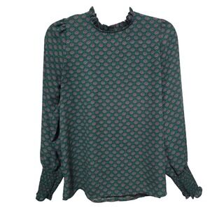 Maison dAmelie Paris Green Geometric Print Mock Neck Ruffle Blouse Long Sleeve M